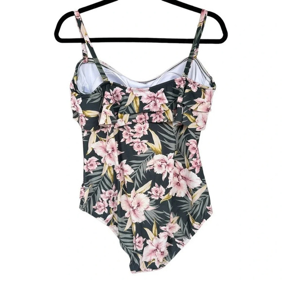 Kona Sol Women's Tropical Palm Floral Ruffle One-Piece Swimsuit Size XL - Picture 5 of 7